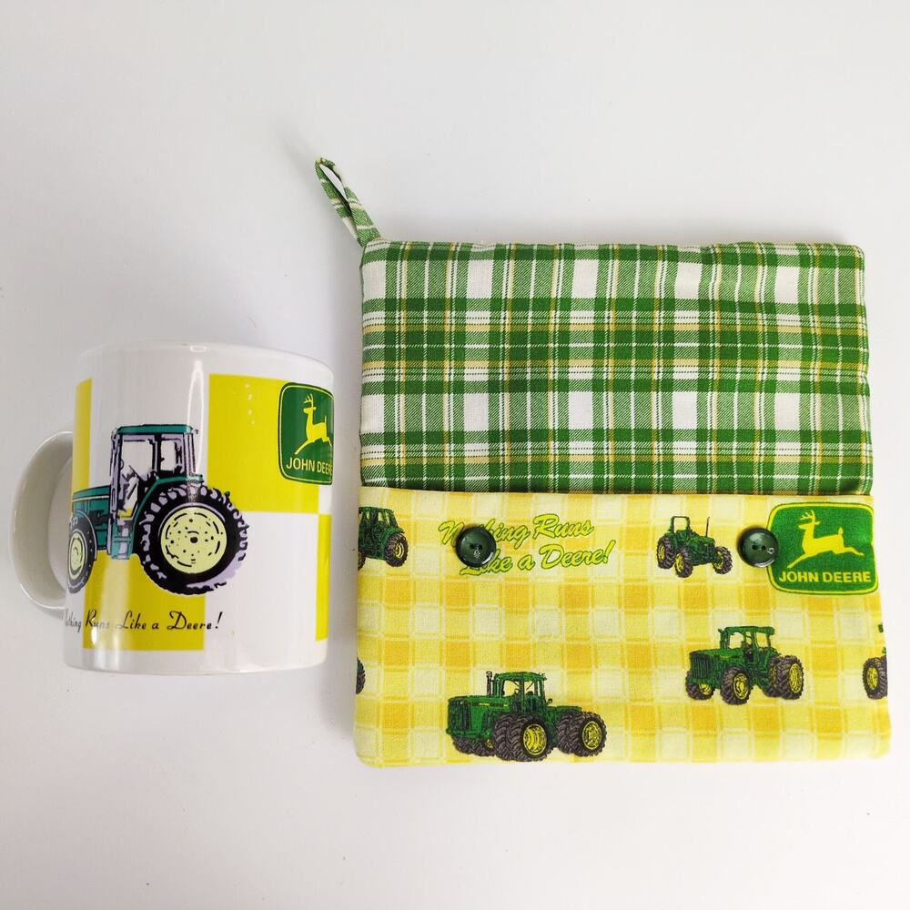 John Deere Ceramic Gibson Coffee Mug & Handmade Oven Mitt Tractor‎ Print Country